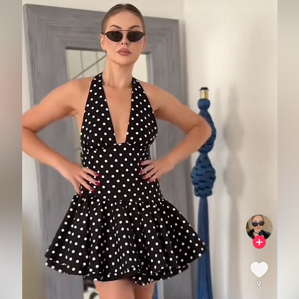 Black and White Polka Dot Halter Dress - Picture 3 of 6